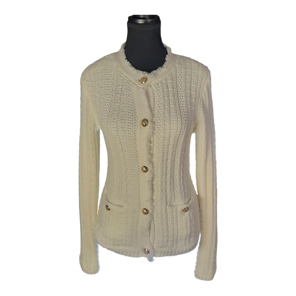 Tahari Button-up White Fringle Cable Knit Blazer